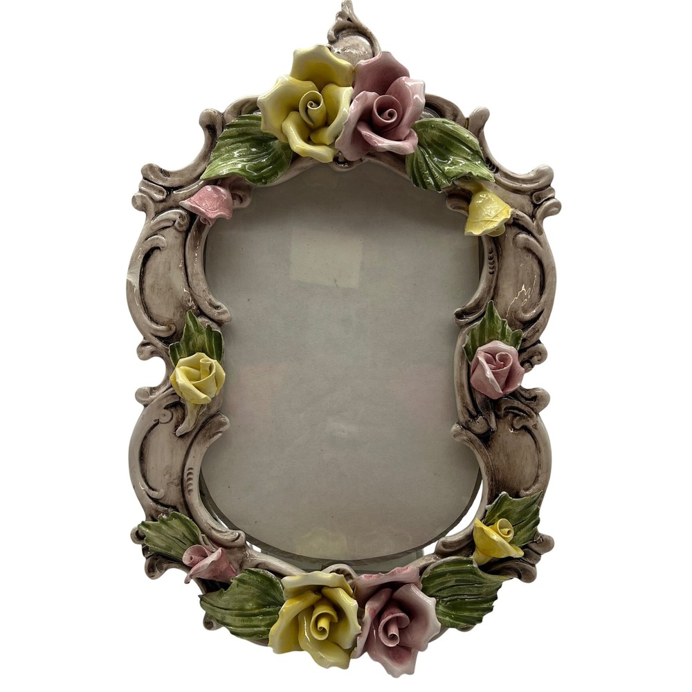 Capodimonte Porcelain Floral Picture Frame Italy Large Yellow Pink Roses Baroque